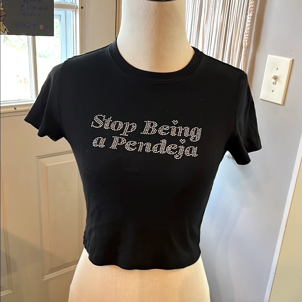 Bella Dona Black and bedazzled Crop Top Short Sleeve size Medium 100% Cotton